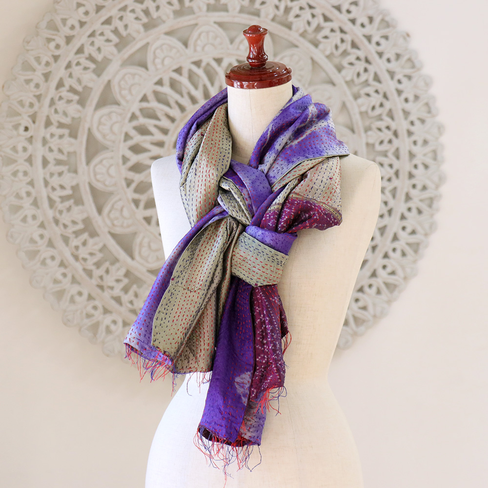 インドの古布・カンタ刺繍・シルクストール Kantha embroidery, India 215×83cm パープル＆ベージュ