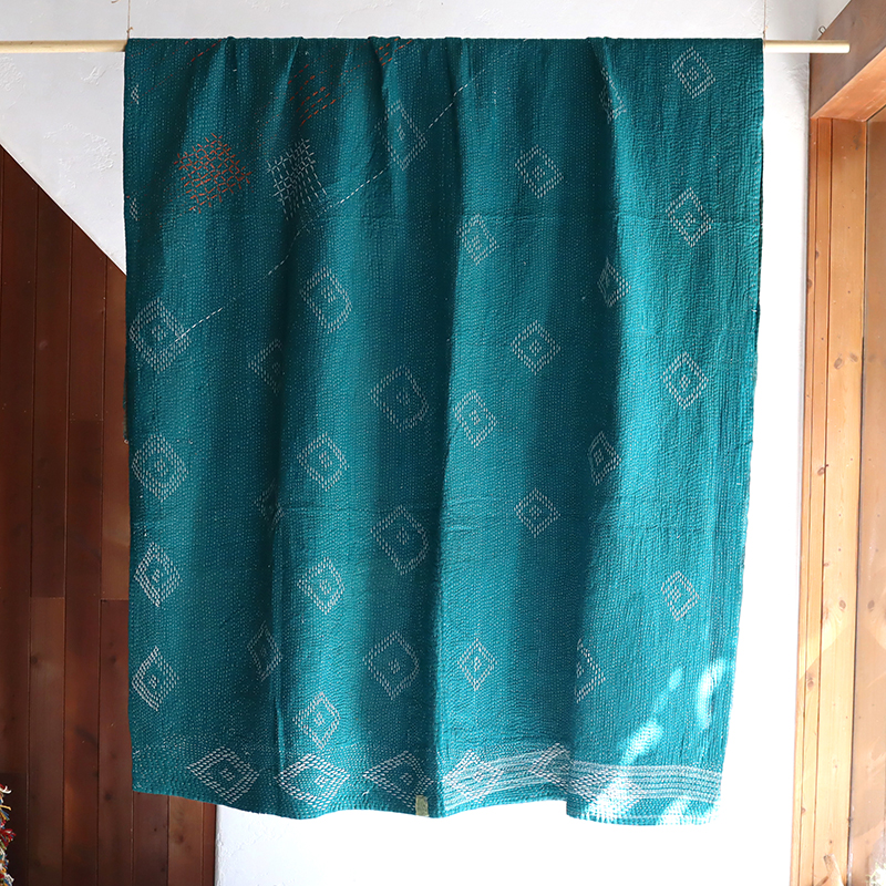インド カンタ刺繍・パッチワーク/ラリーキルト 古布・ヴィンテージファブリック 236x147cm グリーン Kantha embroidery, India