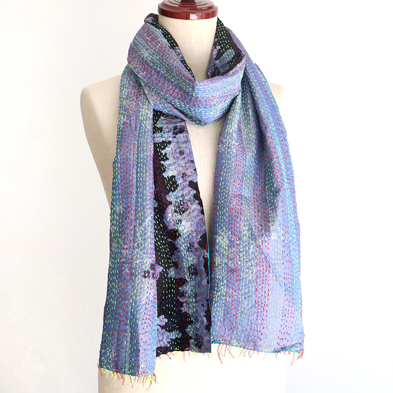インドの古布・カンタ刺繍・シルクストール Kantha embroidery, India 刺し子・赤とイエロー/花もよう