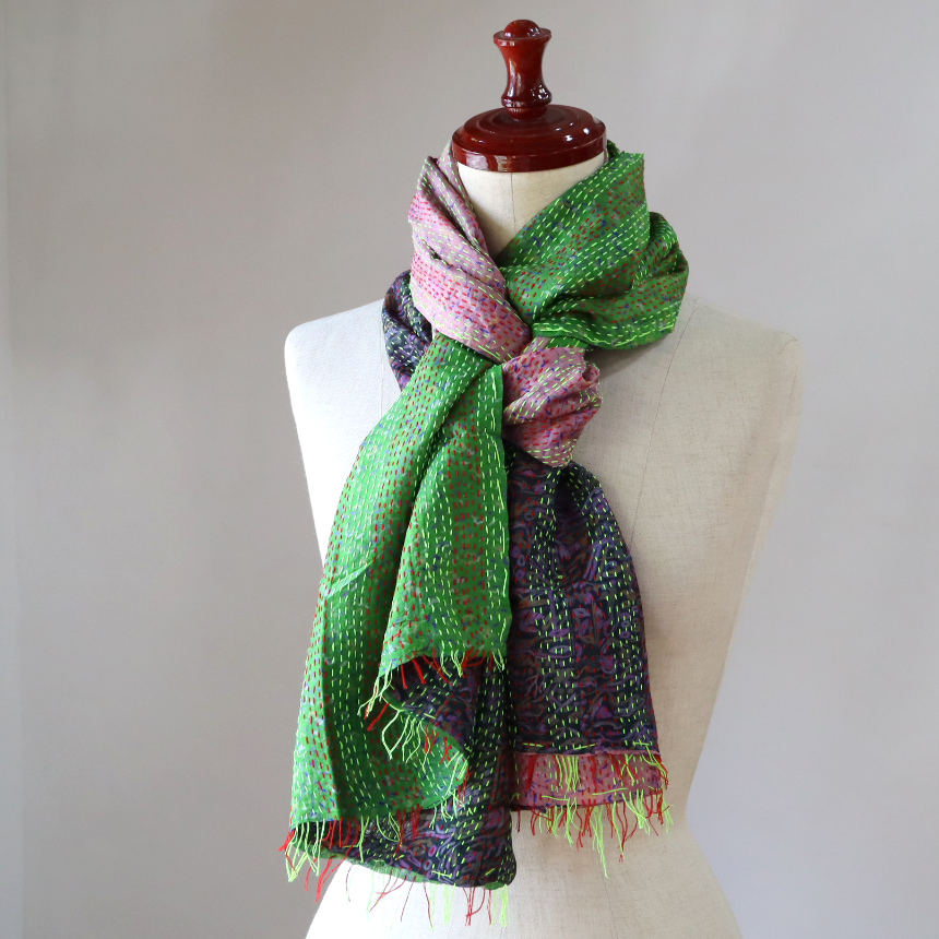 カンタ刺繍　シルクストール Kantha embroidery, India 174×46cm<br> 【一点もの　現品】