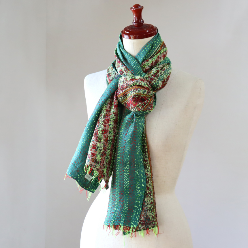 カンタ刺繍　シルクストール Kantha embroidery, India 186×40cm<br> 【一点もの　現品】