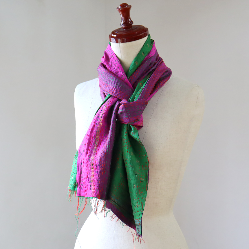 カンタ刺繍　シルクストール Kantha embroidery, India 165×43cm<br> 【一点もの　現品】