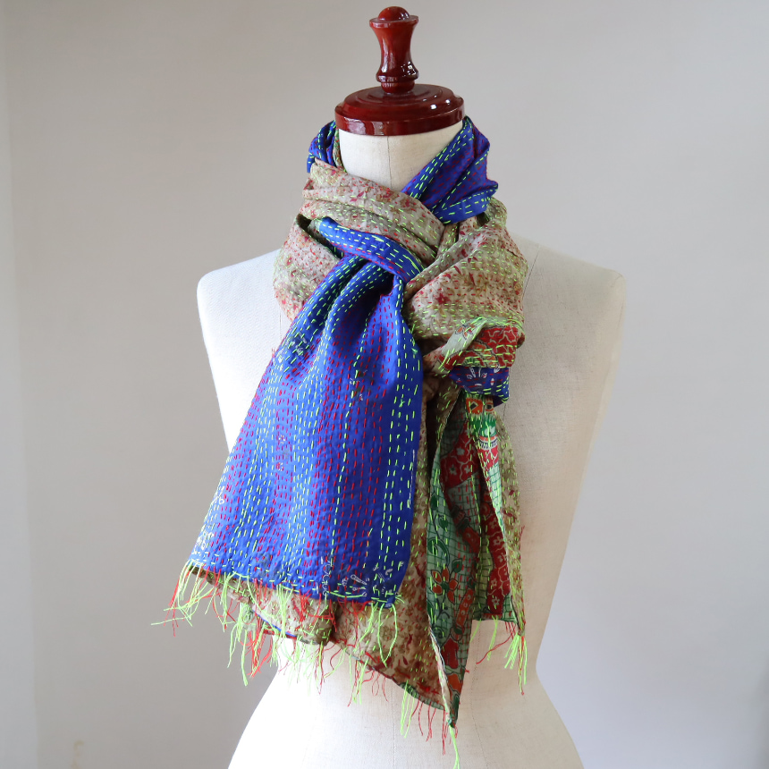 カンタ刺繍　シルクストール Kantha embroidery, India 165×44cm<br> 【一点もの　現品】