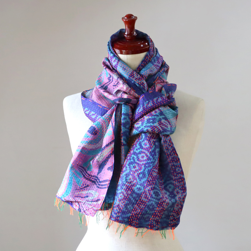 カンタ刺繍　シルクストール Kantha embroidery, India 180×44cm<br> 【一点もの　現品】