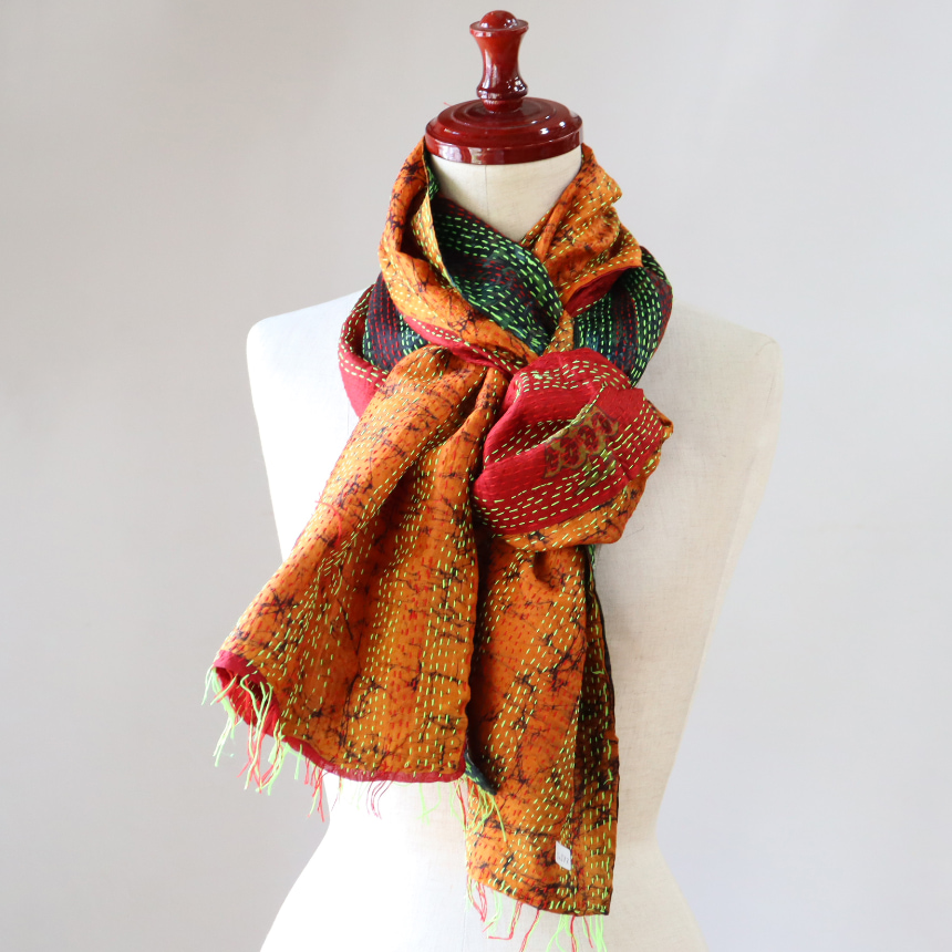カンタ刺繍　シルクストール Kantha embroidery, India 184×54cm<br> 【一点もの　現品】