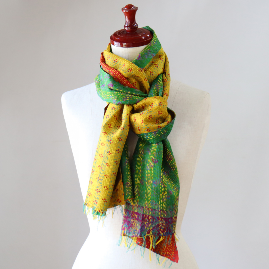カンタ刺繍　シルクストール Kantha embroidery, India 182×42cm<br> 【一点もの　現品】