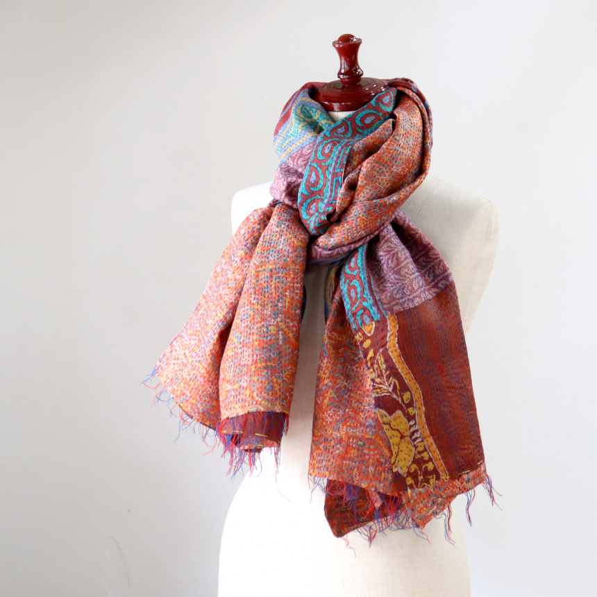 カンタ刺繍 シルクストール インド リサイクルサリー 212×83cm 幅広 大判ストール ワイン/オレンジ 一点もの 現品