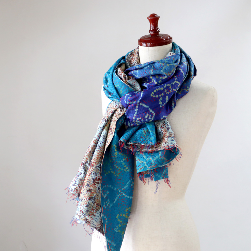 カンタ刺繍 シルクストール インド リサイクルサリー 212×87cm 幅広 大判ストール ブルー/ライトブルー/カーキ 一点もの 現品