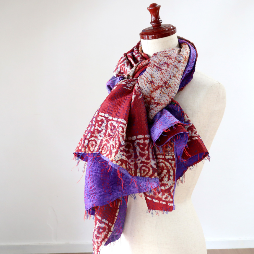 カンタ刺繍 シルクストール インド リサイクルサリー 206×91cm 幅広 大判ストール ワイン/パープル 一点もの 現品