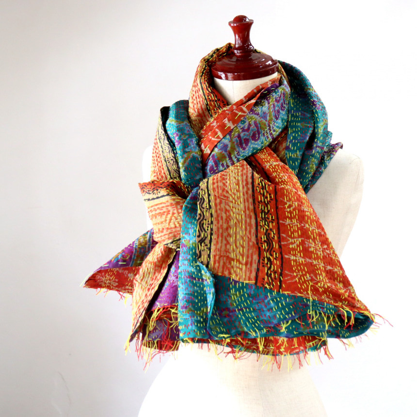 カンタ刺繍 シルクストール インド リサイクルサリー 202×88cm 幅広 大判ストール グリーン/オレンジ 一点もの 現品