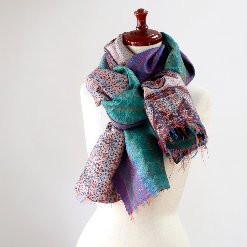カンタ刺繍 シルクストール インド リサイクルサリー 198×88cm 幅広 大判ストール ワイン/グリーン 一点もの 現品