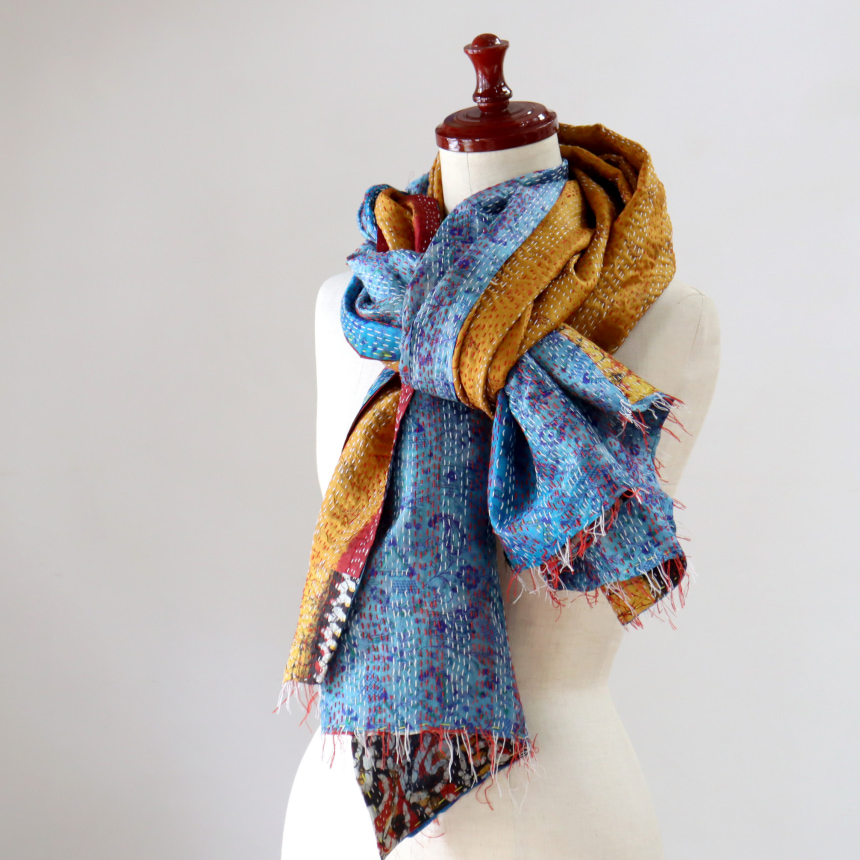 カンタ刺繍 シルクストール インド リサイクルサリー 204×88cm 幅広 大判ストール イエロー/ブルー 一点もの 現品