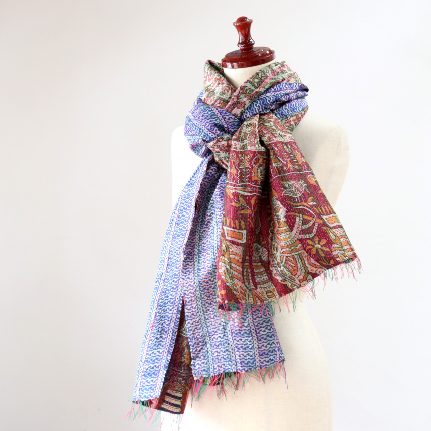 カンタ刺繍 シルクストール インド リサイクルサリー 210×82cm 幅広 大判ストール グリーン、ワイン/ブルー 一点もの 現品