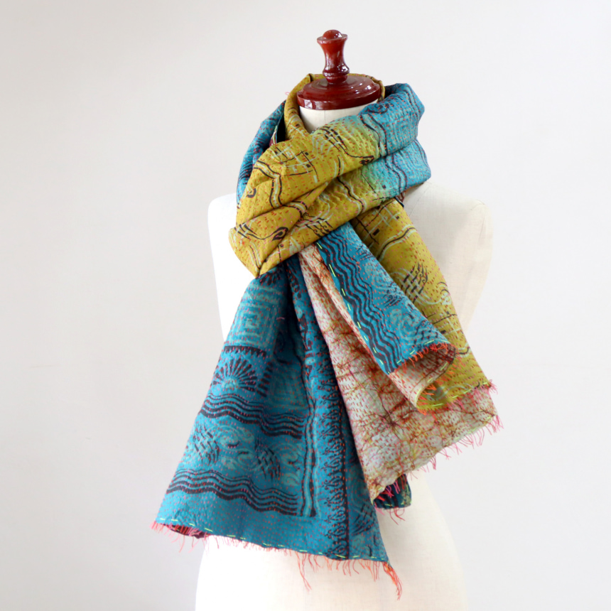 カンタ刺繍 シルクストール インド リサイクルサリー 200×87cm 幅広 大判ストール イエロー/ワイン 一点もの 現品