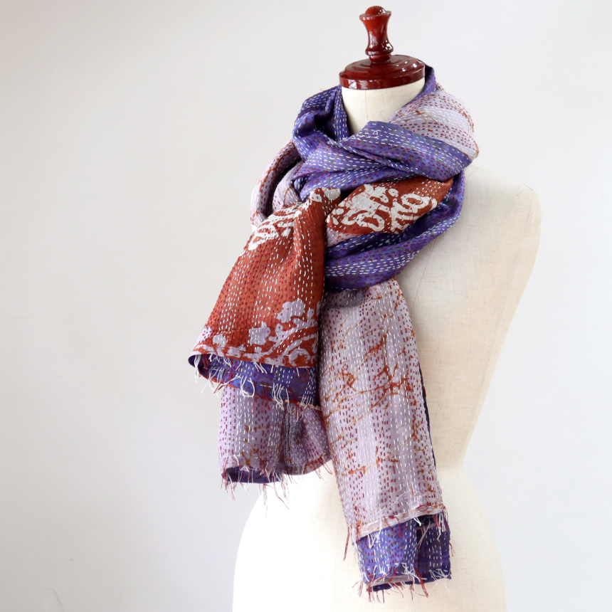 カンタ刺繍 シルクストール インド リサイクルサリー 216×84cm 幅広 大判ストール ラベンダー/パープル 一点もの 現品