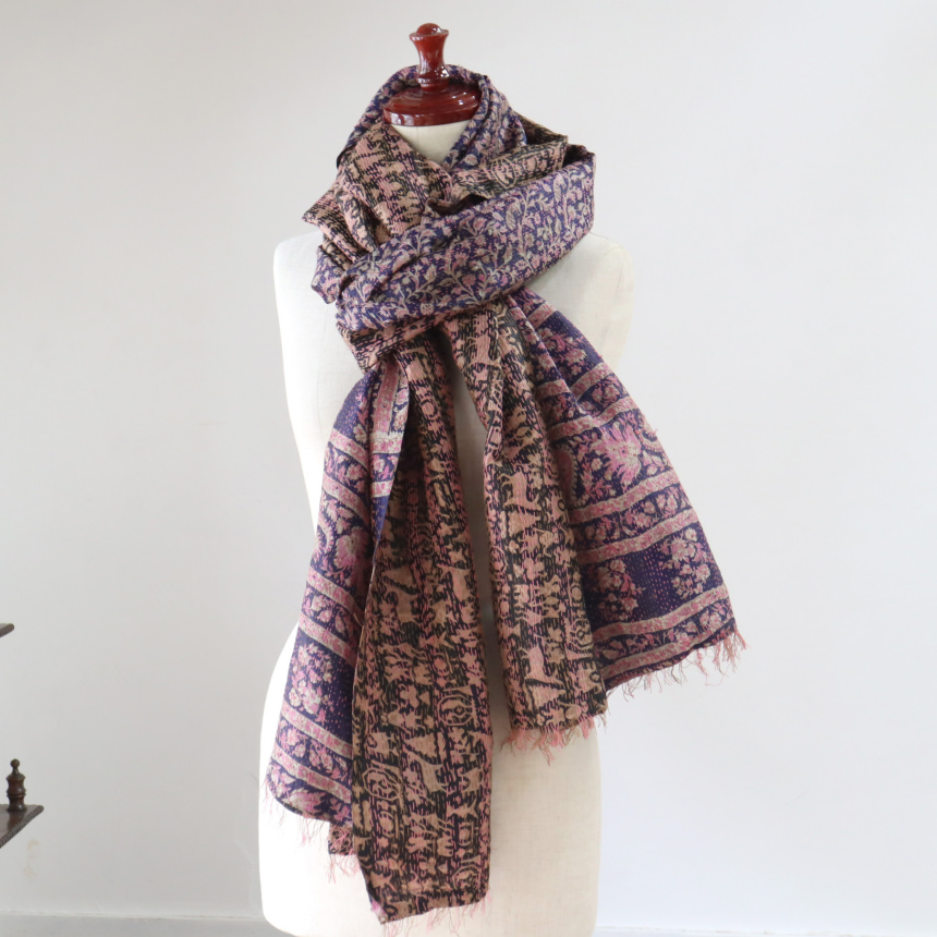 カンタ刺繍 シルクストール インド リサイクルサリー 240×83cm 幅広 大判ストール ブラック、ベージュ/ネイビー、ピンク 一点もの 現品