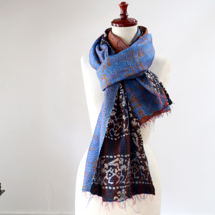 カンタ刺繍 シルクストール インド リサイクルサリー 212×89cm 幅広 大判ストール ブルー/ネイビー、オレンジ 一点もの 現品