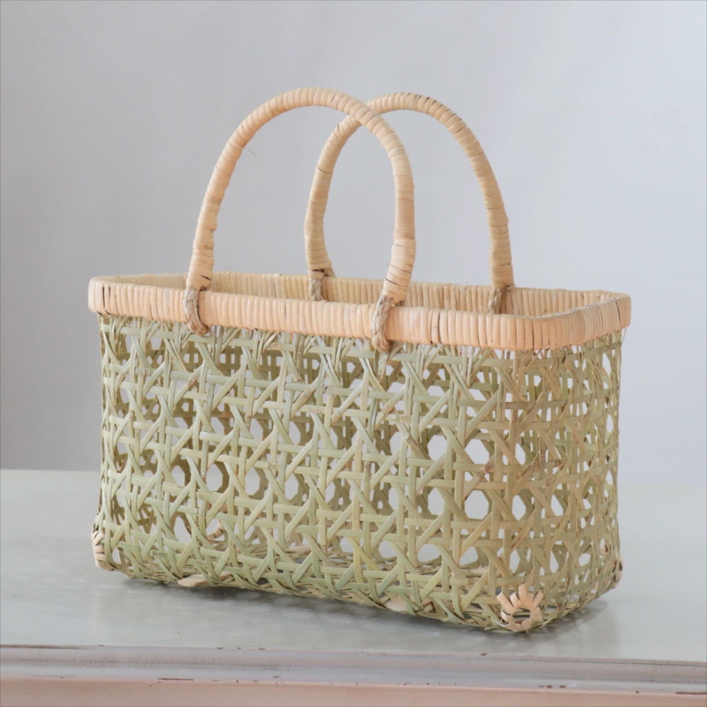 青竹市場籠　買い物かご　野菜かご　八ツ目編みマルシェバスケット　バンブー　民藝 古民具