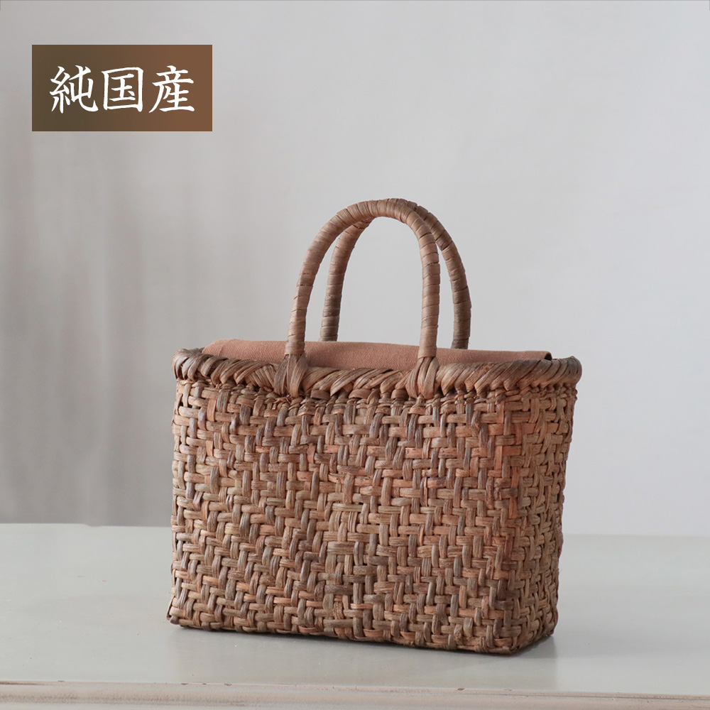 【国産材・国産】やまぶどう　かごバッグ　柿渋ふた付き　内布付き横幅:29.5cm 本体高さ:20cm