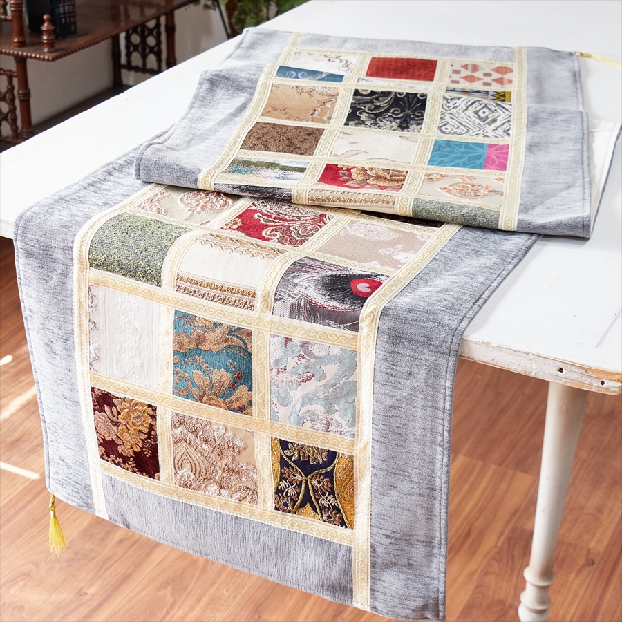 テーブルランナー　モザイクパッチワーク 200x50cmサイズ シュニール素材
