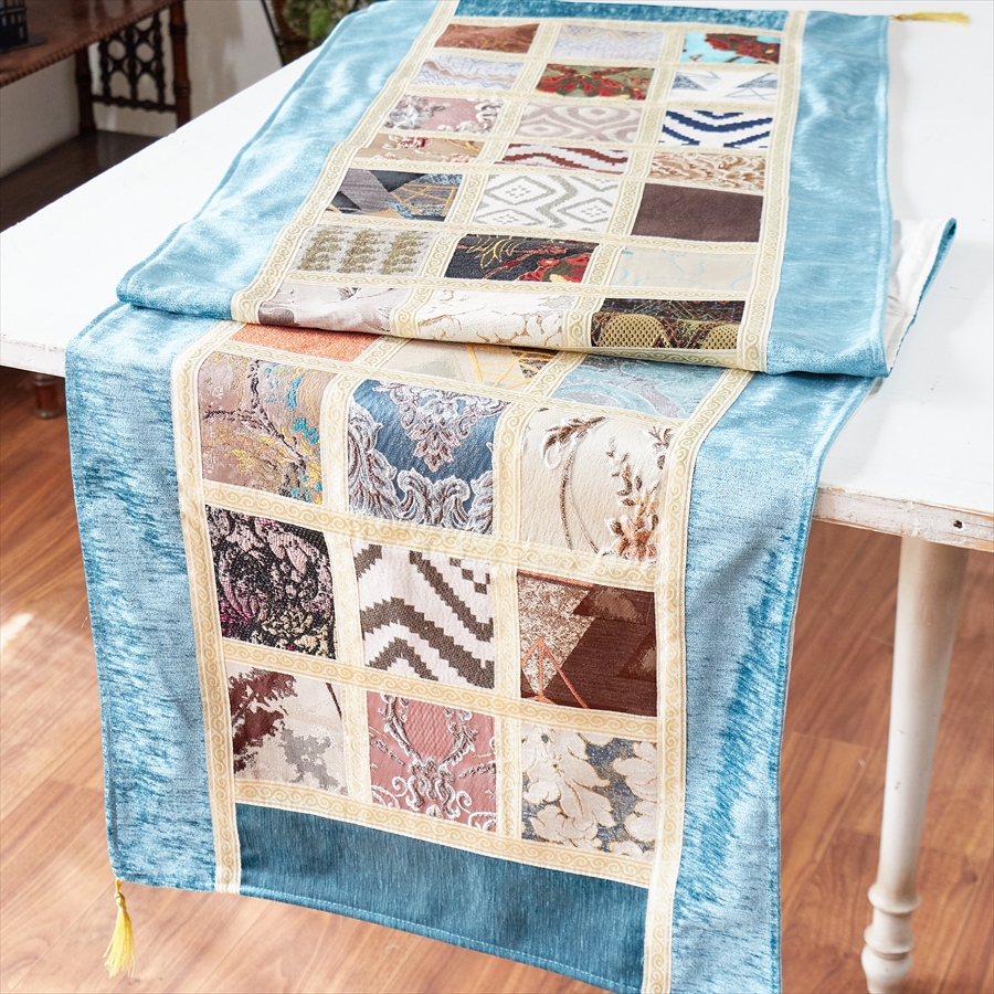 テーブルランナー　モザイクパッチワーク 200x50cmサイズ シュニール素材