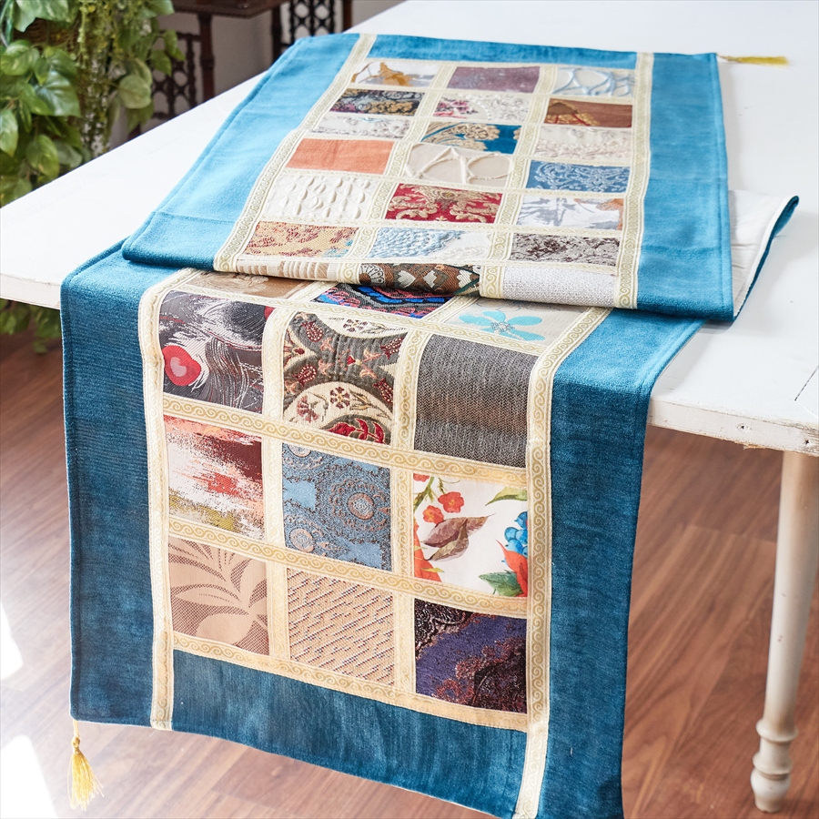 テーブルランナー　モザイクパッチワーク 200x50cmサイズ シュニール素材