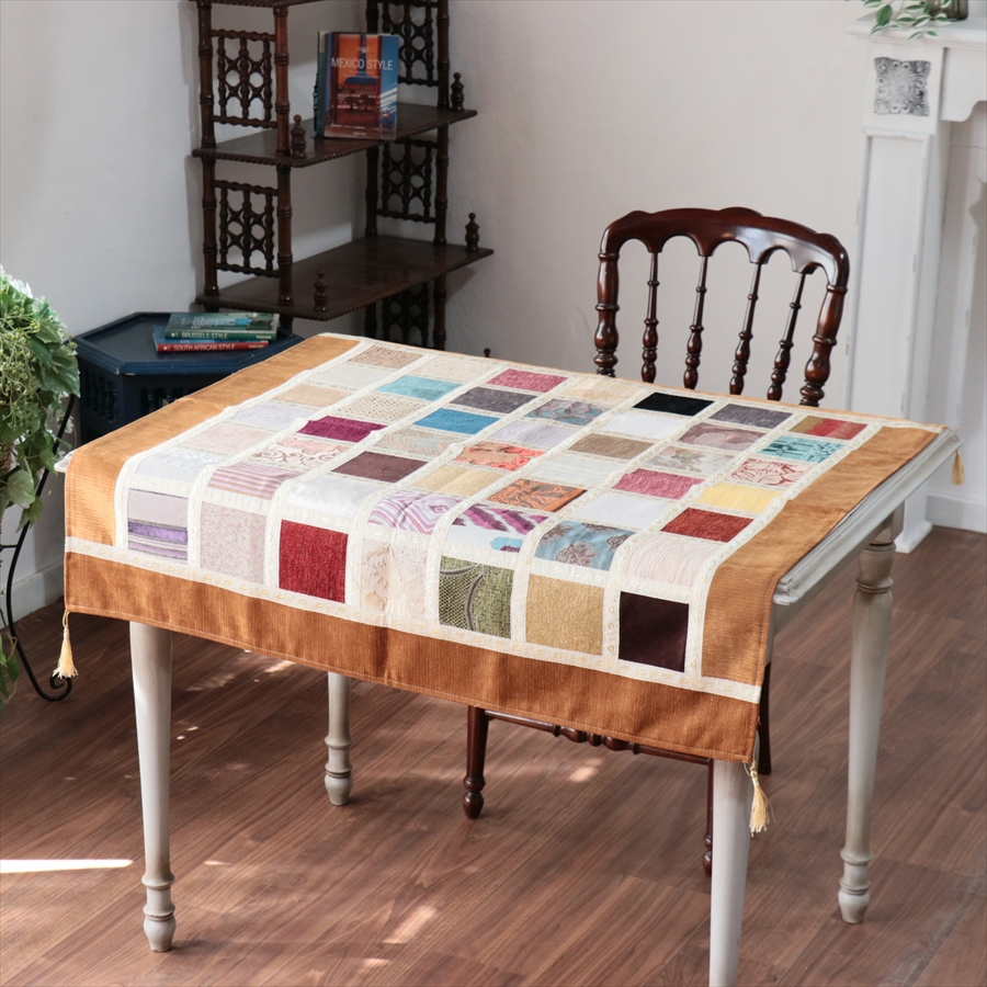 マルチカバー　モザイクパッチワーク 95x95cmサイズ シュニール素材