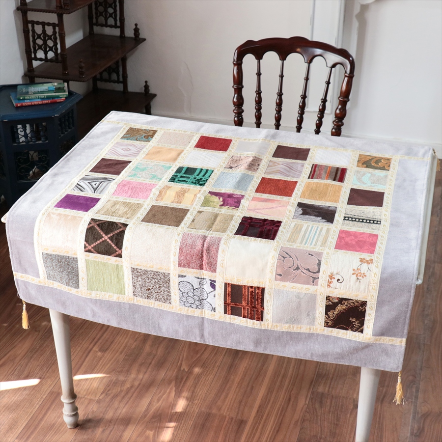 マルチカバー　モザイクパッチワーク 95x95cmサイズ シュニール素材