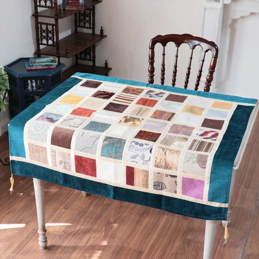 マルチカバー　モザイクパッチワーク 95x95cmサイズ シュニール素材