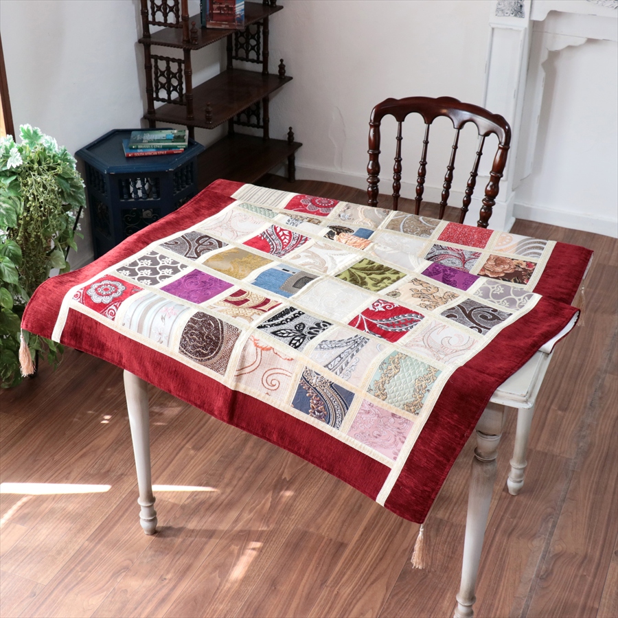 マルチカバー　モザイクパッチワーク 150x98cmサイズ シュニール素材