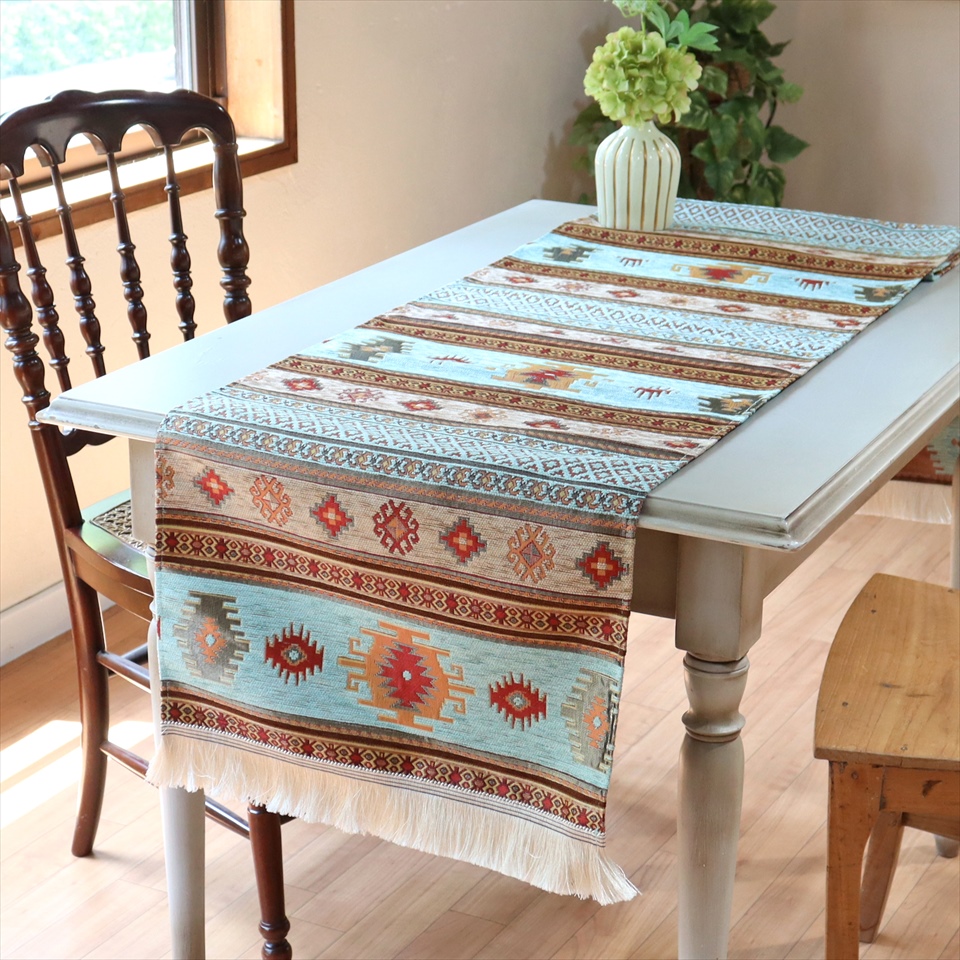 テーブルランナー・ベッドスロー 200×44cm ベレケット アクア  Table runner, Bed through, Turkish textile, トルコ製ファブリック