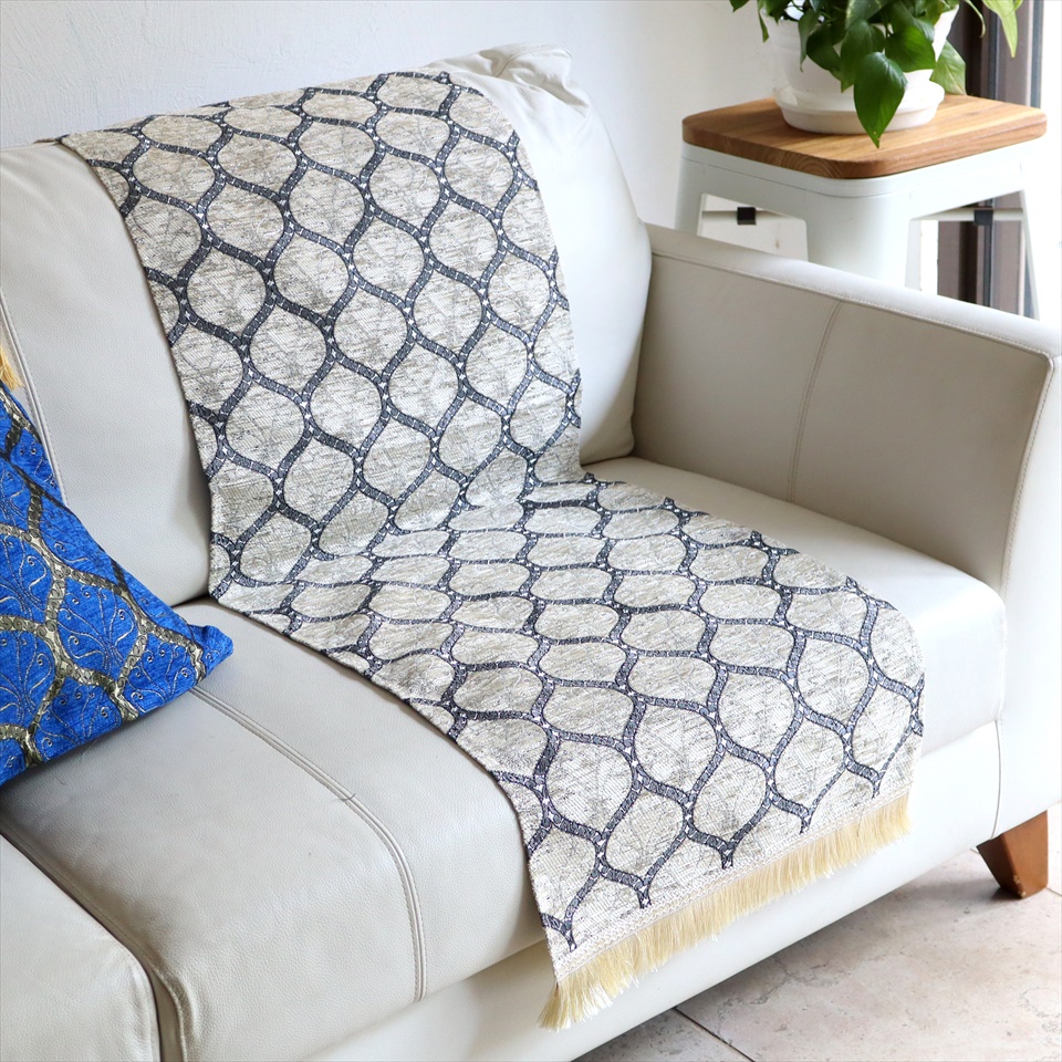 テーブルランナー ベッドスロー 135×44cm クレスト アイボリー Table runner, Bed through, Turkish textile, トルコ製ファブリック