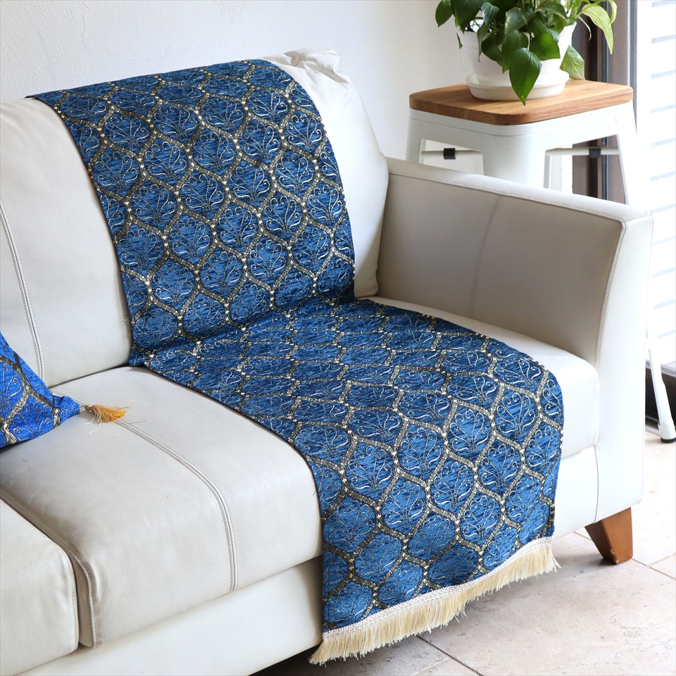 テーブルランナー ベッドスロー 135×44cm クレスト ネイビー Table runner, Bed through, Turkish textile, トルコ製ファブリック