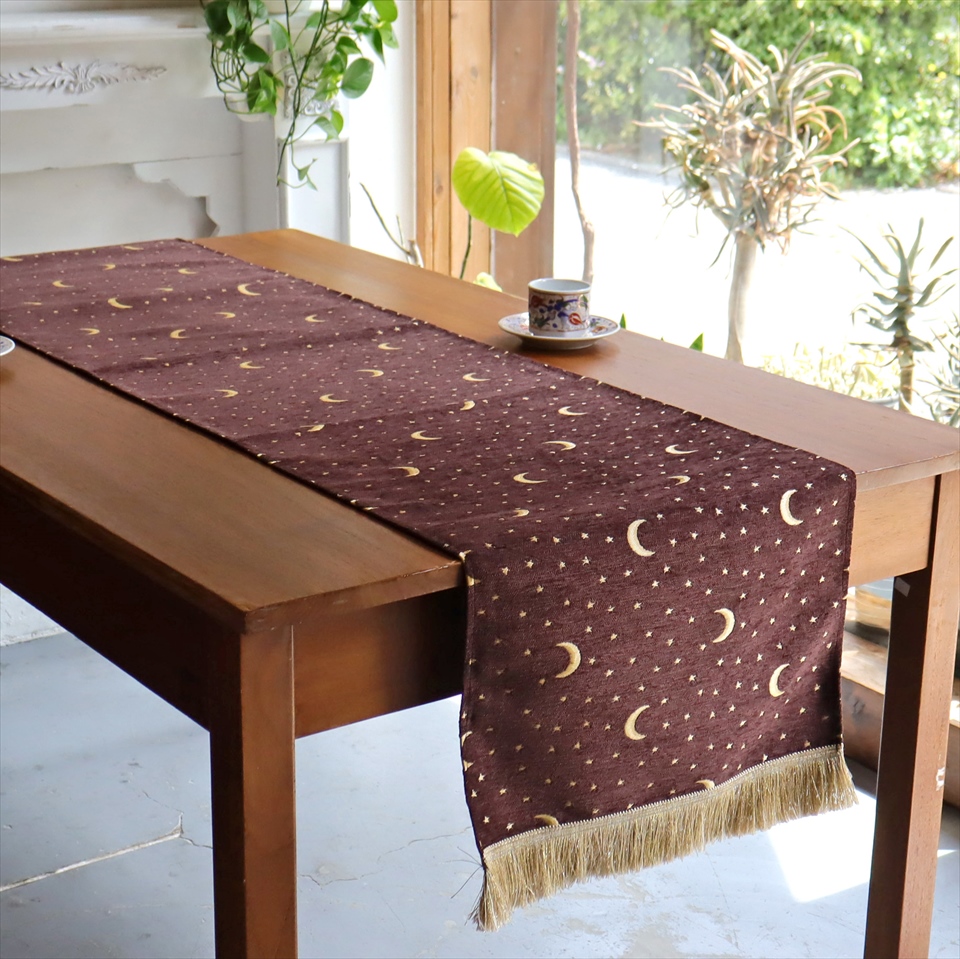テーブルランナー ベッドスロー 200×44cm スターリーナイト ブラウン Table runner Bed through Turkish textile トルコ製ファブリック