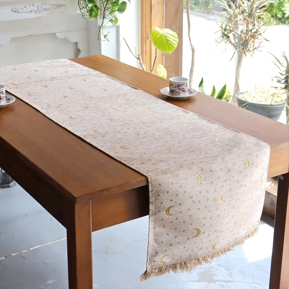 テーブルランナー ベッドスロー 200×44cm スターリーナイト アイボリー Table runner Bed through Turkish textile トルコ製ファブリック