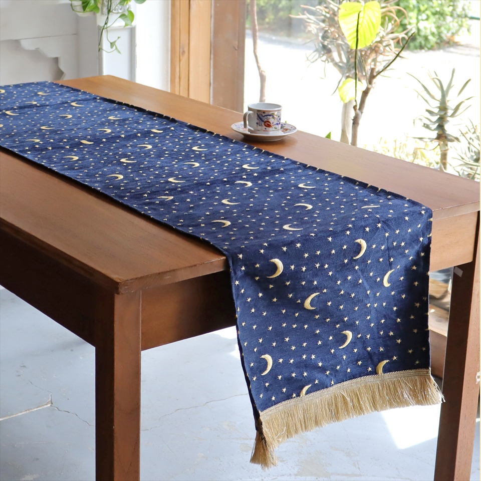 テーブルランナー ベッドスロー 200×44cm スターリーナイト ネイビー Table runner Bed through Turkish textile トルコ製ファブリック
