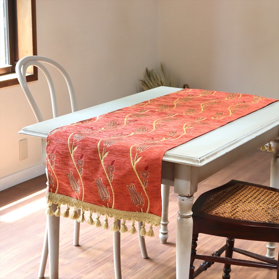 テーブルランナー・ベッドスロー 140×43cm チューリップ オレンジ Table runner, Bed through, Turkish textile, トルコ製ファブリック