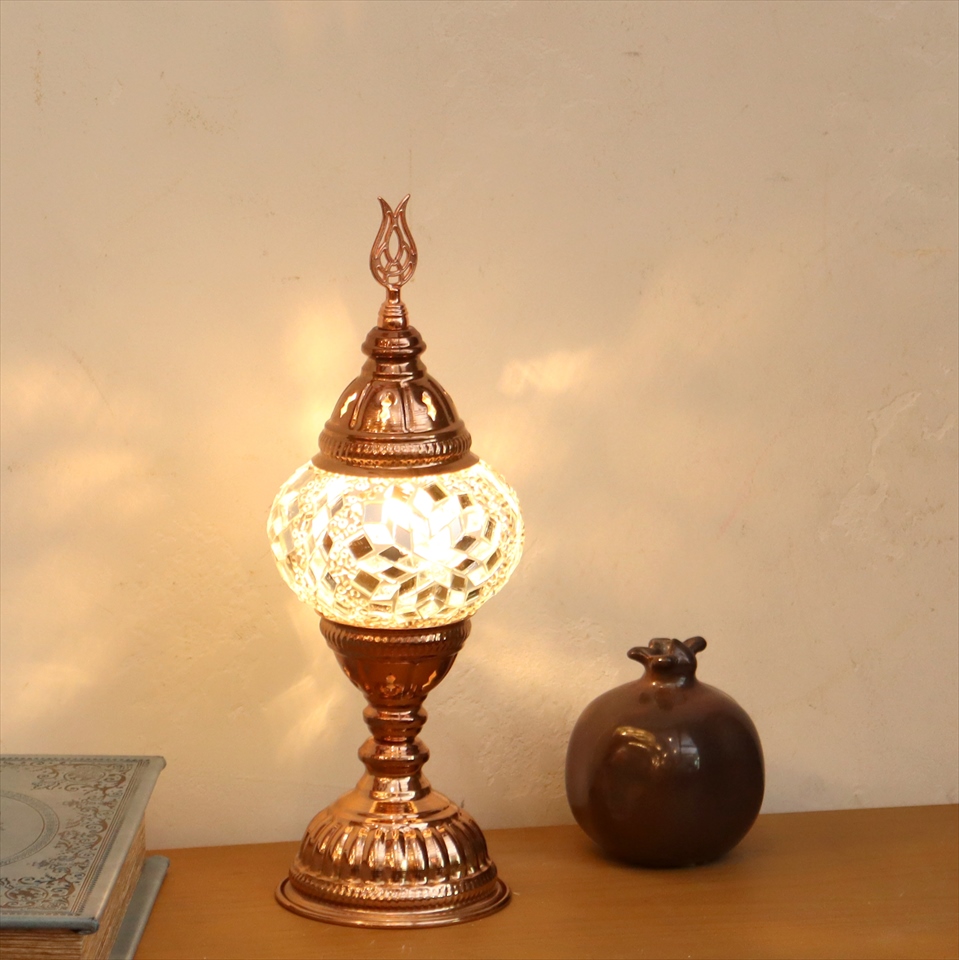 トルコランプ モザイクテーブルランプ 小さめのガラス 直径11cm  高さ31cm　ホワイト E17 15W ローズカラーの灯具