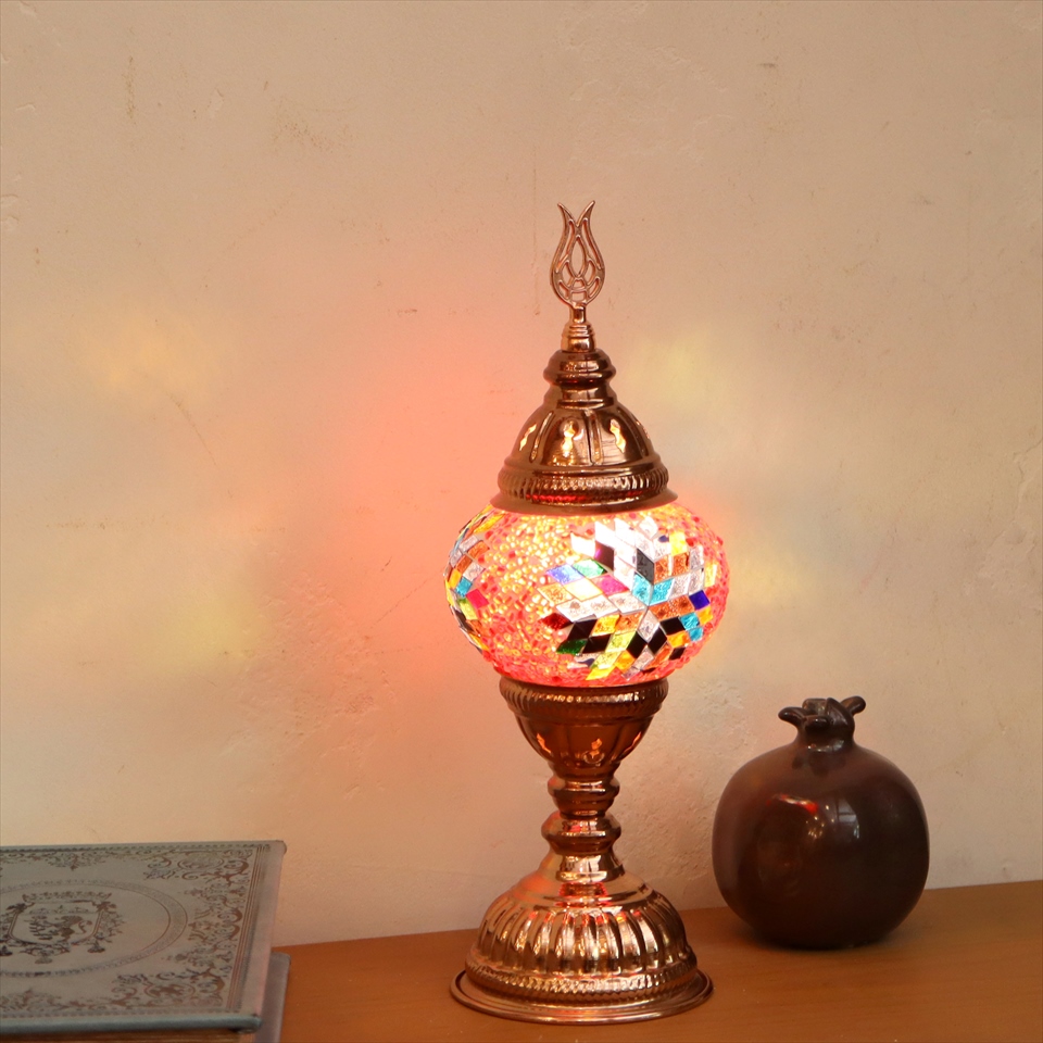 トルコランプ モザイクテーブルランプ 小さめのガラス 直径11cm  高さ31cm　レッド/オレンジ E17 15W ローズカラーの灯具