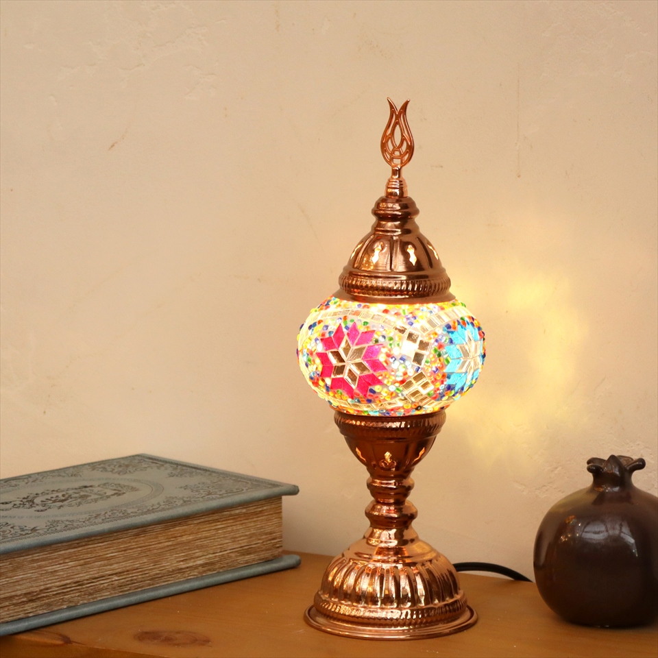 トルコランプ モザイクテーブルランプ 小さめのガラス 直径11cm  高さ31cm　カラフル E17 15W ローズカラーの灯具