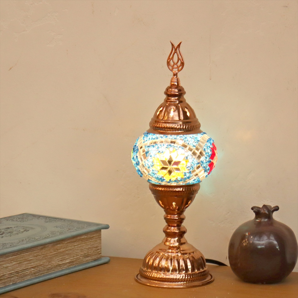 トルコランプ モザイクテーブルランプ 小さめのガラス 直径11cm  高さ31cm　ブルー E17 15W ローズカラーの灯具