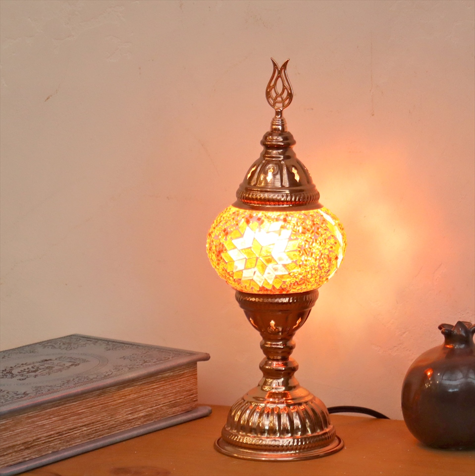 トルコランプ モザイクテーブルランプ 小さめのガラス 直径11cm  高さ31cm　オレンジ E17 15W ローズカラーの灯具