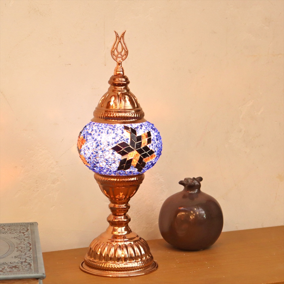トルコランプ モザイクテーブルランプ 小さめのガラス 直径11cm  高さ31cm　ブルー E17 15W ローズカラーの灯具