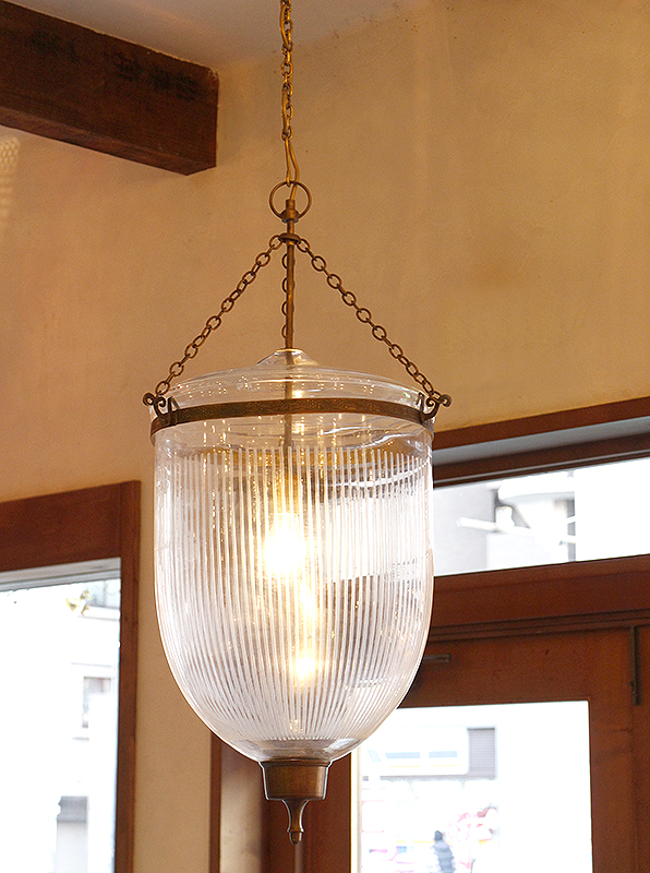 コロニアルスタイルガラスランプ フロストストライプ(Frosted Stripe)・直径36cm 大型店舗照明ペンダントライト1灯/ガラスシェード・British colonial Bell jar lanterns, Hindi Lamp