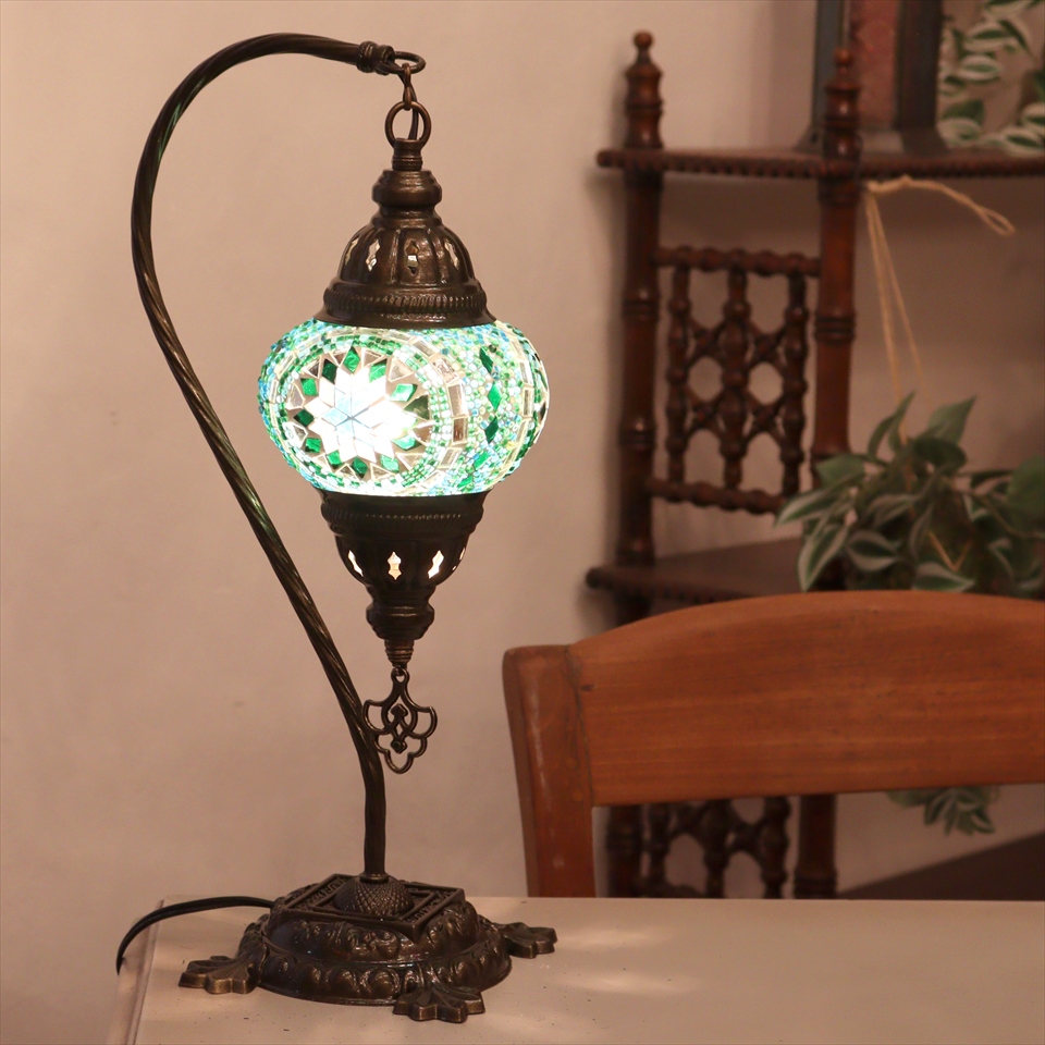 トルコランプ モザイクテーブルランプ ハンギング 全高42cm 横幅23cm ブルーグリーン