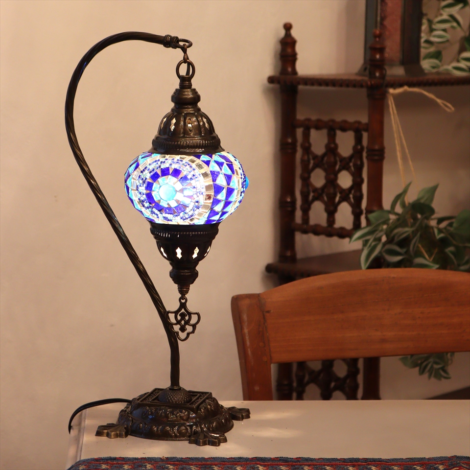 トルコランプ モザイクテーブルランプ ハンギング 全高42cm 横幅23cm ブルー