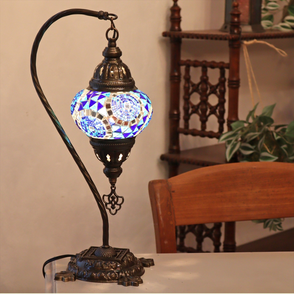 トルコランプ モザイクテーブルランプ ハンギング 全高42cm 横幅23cm ブルー