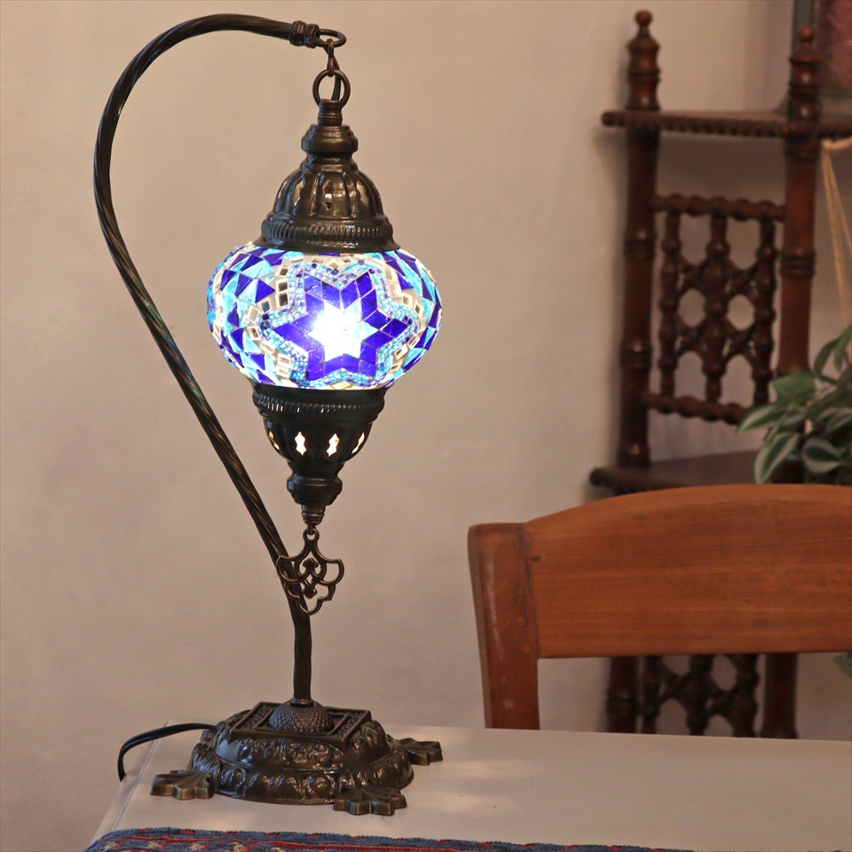 トルコランプ モザイクテーブルランプ ハンギング 全高42cm 横幅23cm ブルー