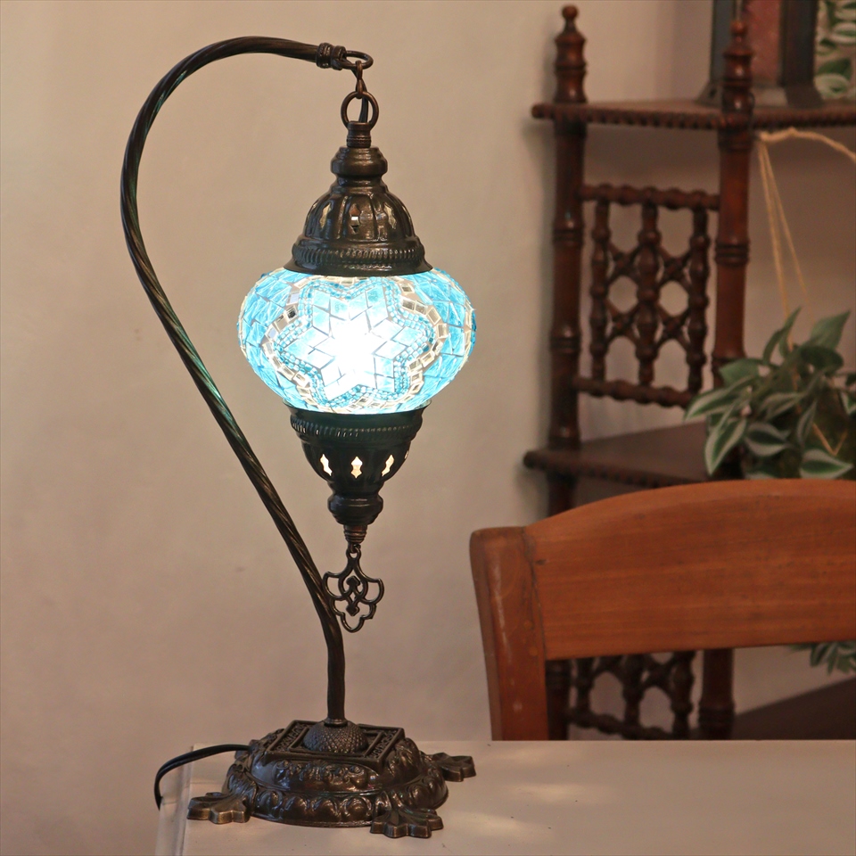 トルコランプ モザイクテーブルランプ ハンギング 全高42cm 横幅23cm ターコイズブルー