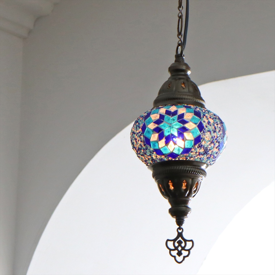 トルコランプ モザイクランプ 直径13cm 全高67cm ブルー ペンダントライト